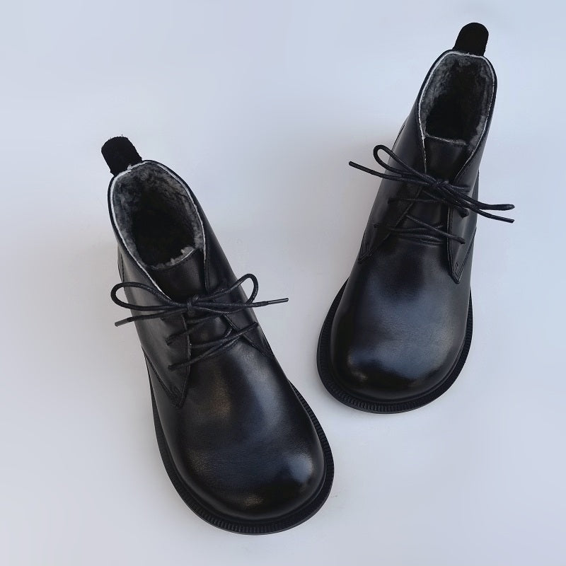 Women's Vintage Wide Toe Leather Boots – Handmade Wool Lined Short Boots