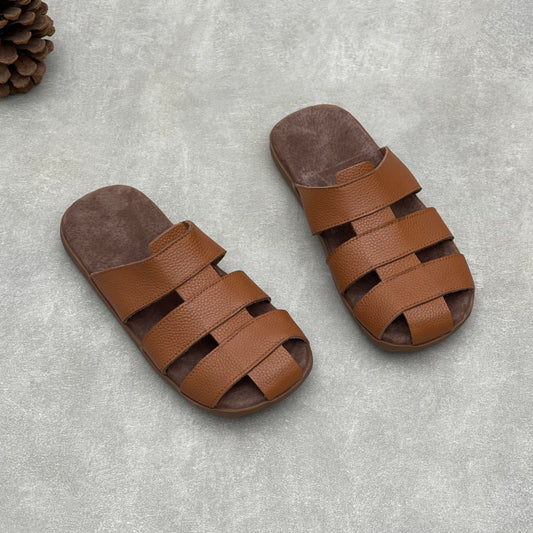 Artisanal Woven Leather Summer Slides - Minimalist Round Toe Cowhide Mules - Breathable Flat Footwear