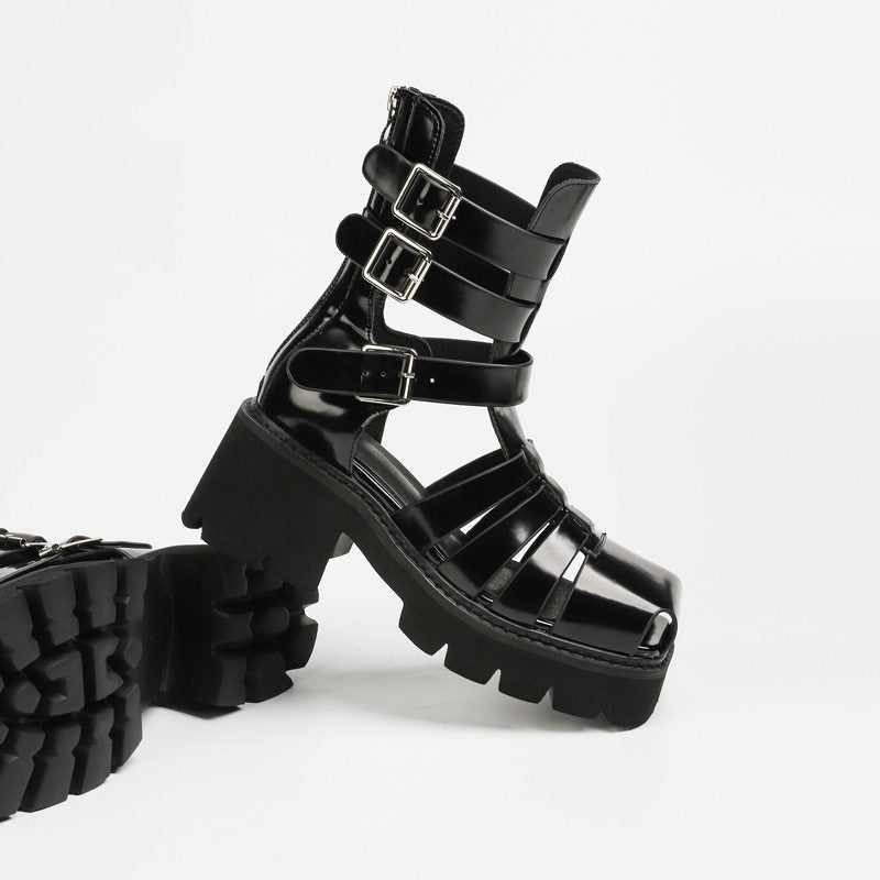 Women's Gladiator Platform Cyberpunk Patent Leather Platform Sandals - Gothic Multi-Strap High Heel Boots