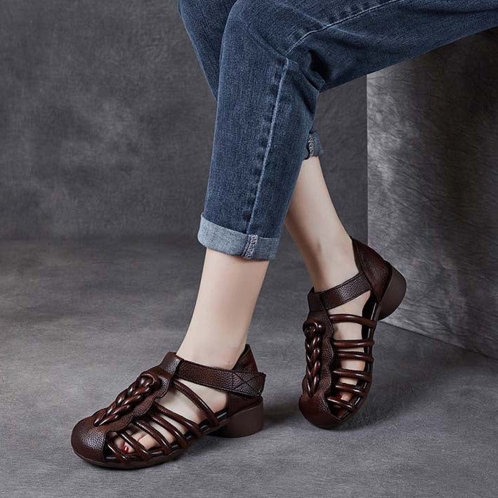Breathable Leather Summer Sandals for Women - Round Toe Flat Walking Shoes with Velcro Strap
