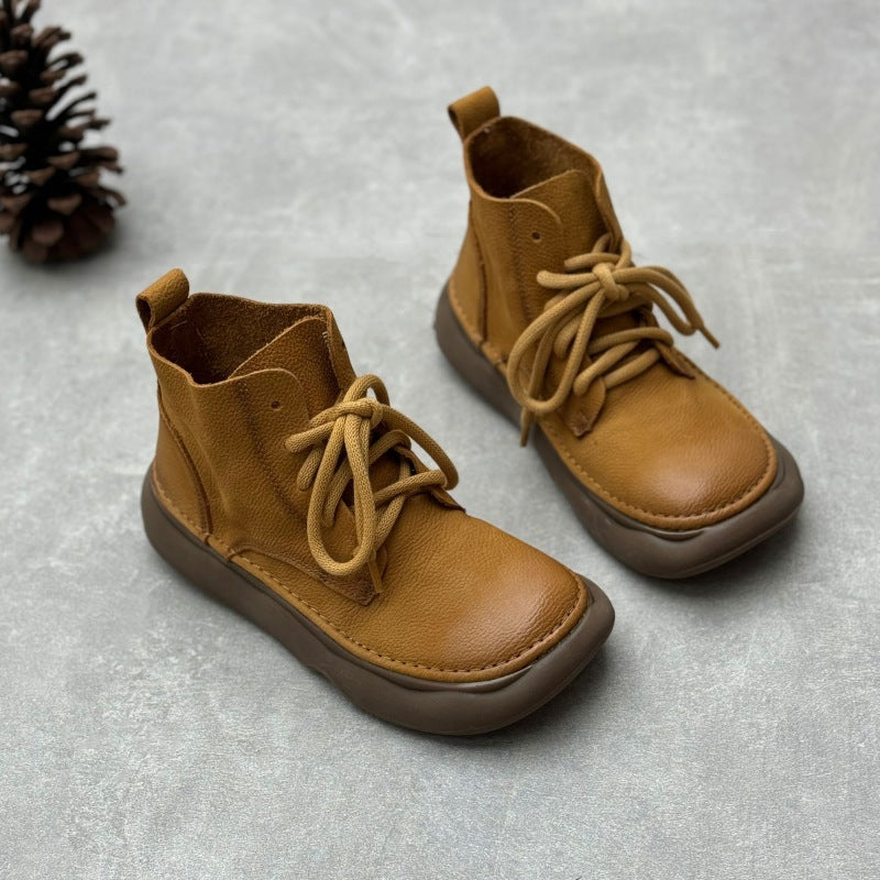 Retro Style Women's Soft Leather Ankle Boots – Platform Lace-Up Short Boots