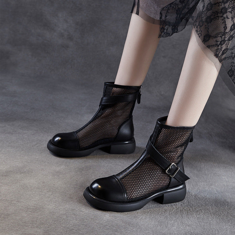 Women's Leather Summer Boots – Mesh Insert Breathable Ankle Shoes