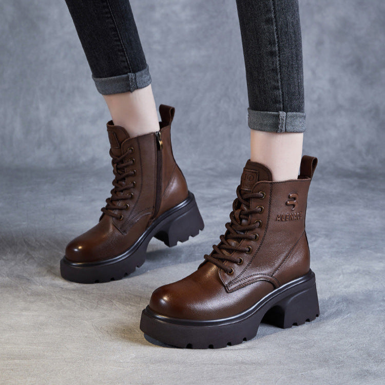 Women's Genuine Leather Lightweight Ankle Boots – Platform Chunky Heel