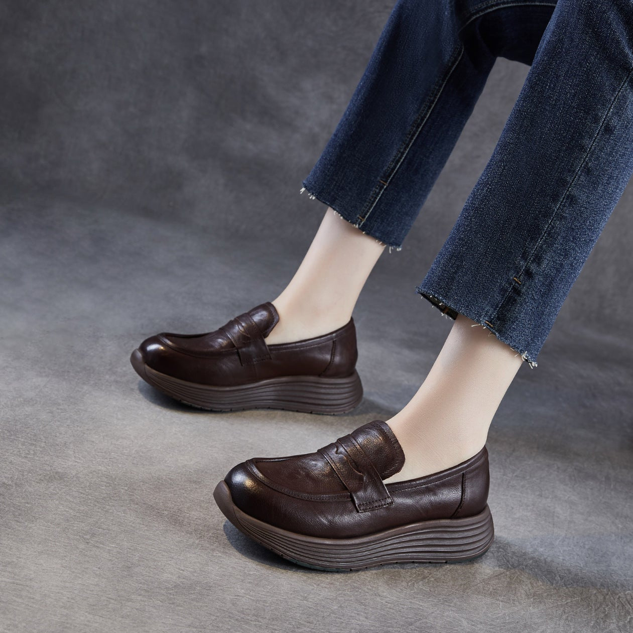 Women’s Leather Slip-On Loafers – Vintage Low Wedge Comfort Shoes