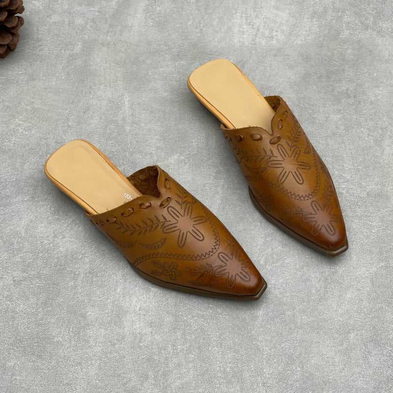 Women's Embossed Leather Mules – Vintage Bohemian Pointed-Toe Floral Slides