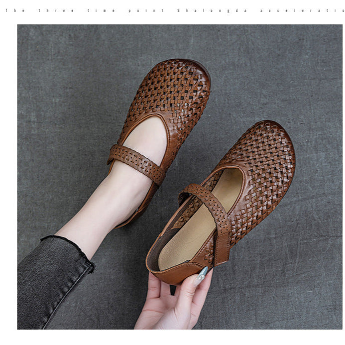 Genuine Leather Weaving Hollow Out Breathable Summer Velcro Women's Sandals