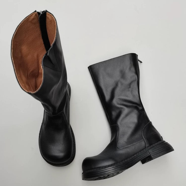 Wide-toe Box Handmade Genuine Leather Women's Mid Calf Boots Black Zipper