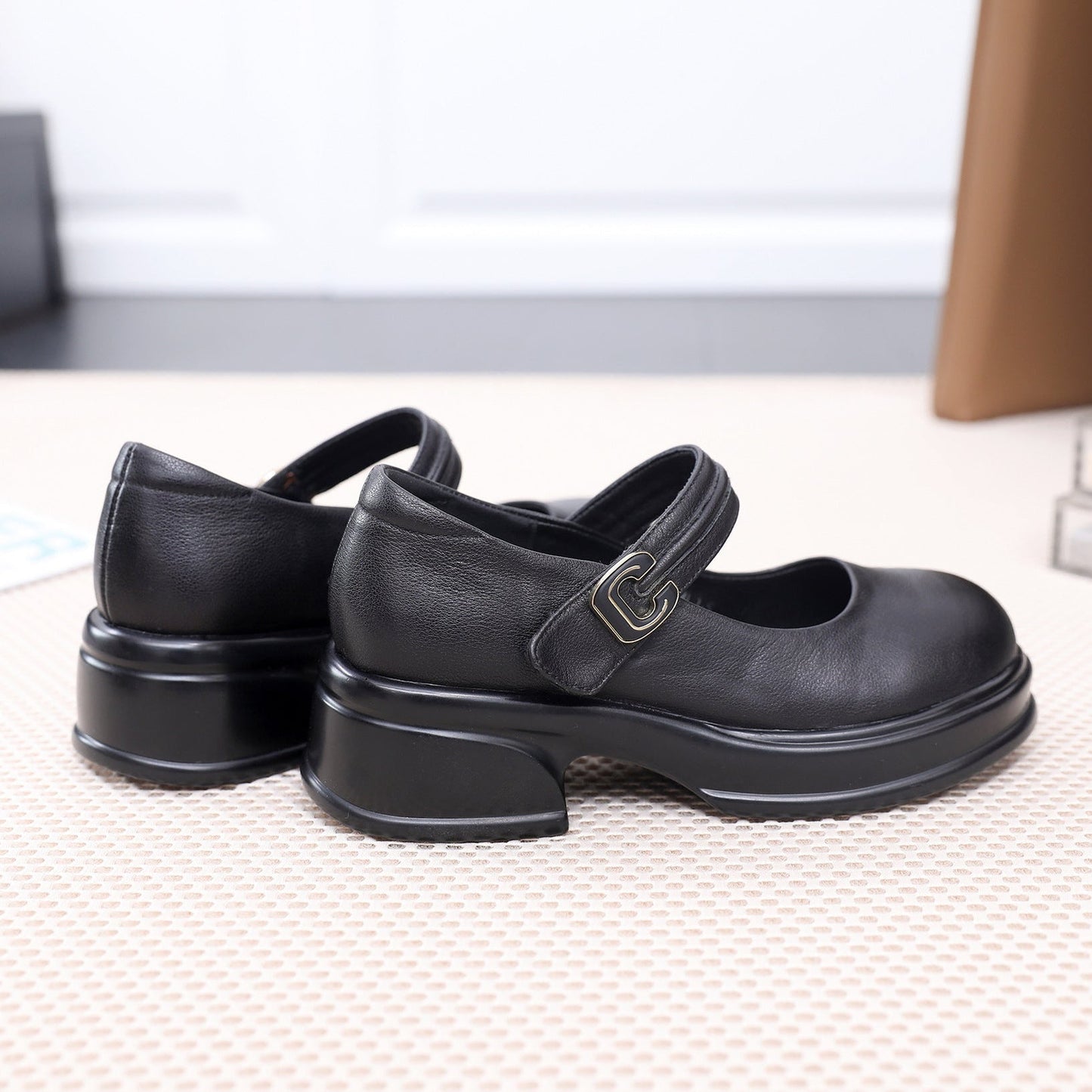 Women's Platform Leather Mary Jane Heels – Chunky Heel Velcro Strap Shoes