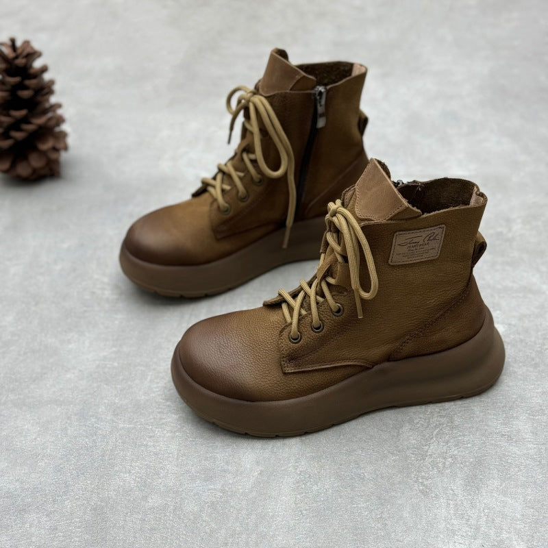 Women's Genuine Leather Vintage Casual Side Zipper Platform Ankle Boots