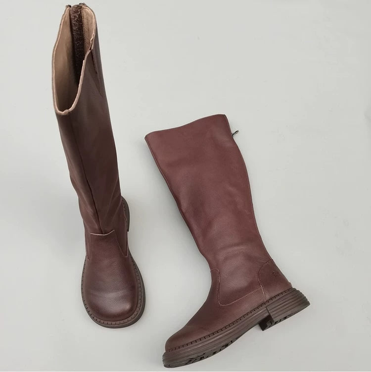 Women's Wide Toe Box Genuine Leather Knee High Boots British Style Riding Boots