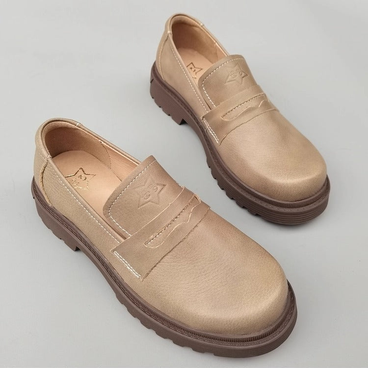 Women's Leather Mid Heel Chunky Loafers – Japanese Style & Non-Slip Sole
