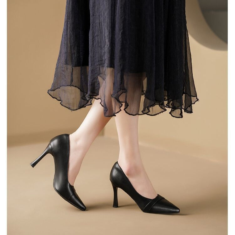 Women's Leather Business Work Black Heeled Pump