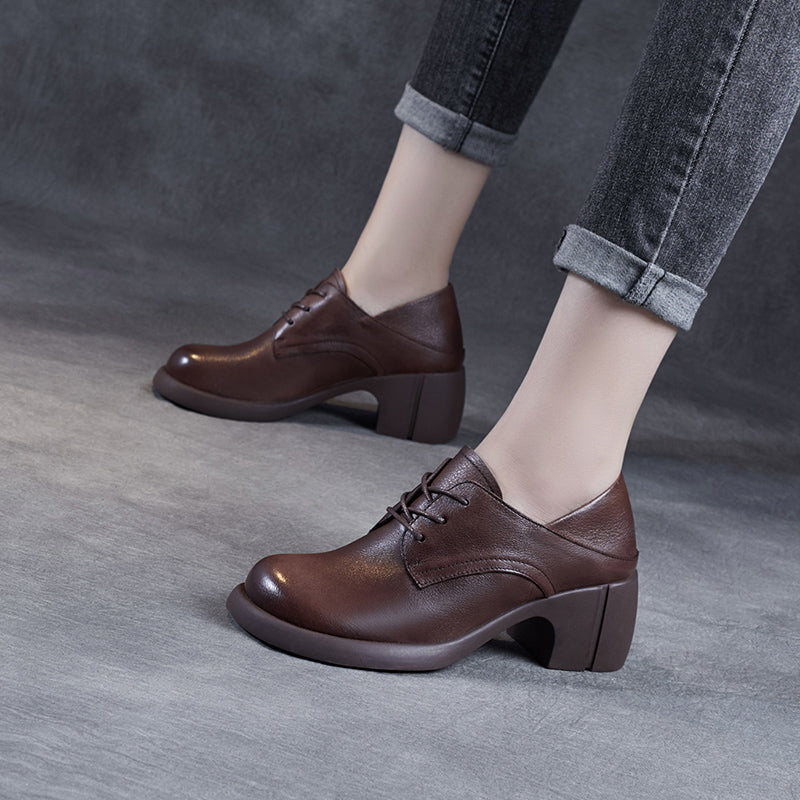 Women's Leather Retro Lace-up Block Heel Oxford Shoes