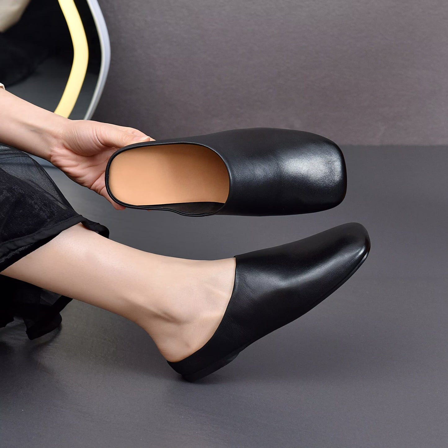 Women's Minimalist Square Toe Leather Slides - Zen Style Summer Mules Flat