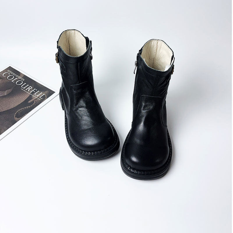 Women's Cowhide Leather Ankle Boots Side Zipper Buckle Strap Casual Low Heel Booties