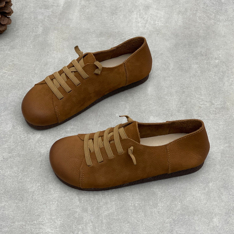 Women’s Handmade Leather Round Toe Flats – Lace-Up Lightweight Casual Shoes