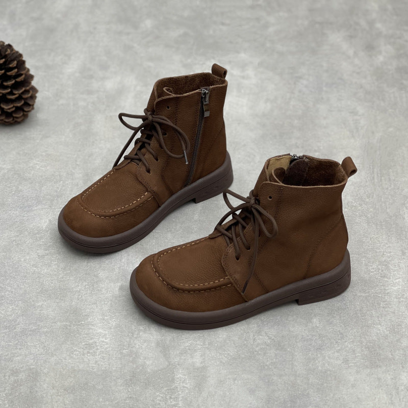 Comfy Vintage Zip Ankle Boots for Women – Lace Up Soft Leather Style