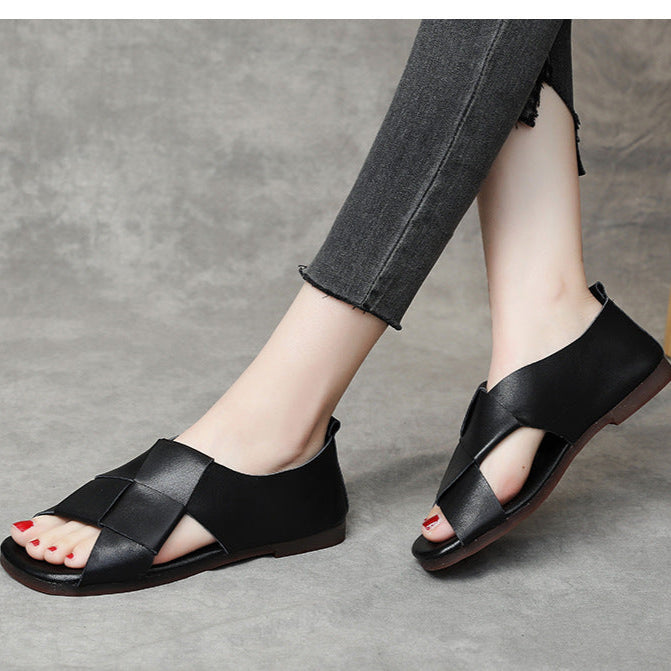 Women's Handmade Leather Open Toe Slip-On Flat Sandals