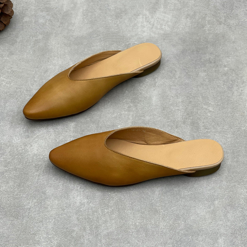 Women's Pointed Toe Leather V-Cut Mules - Unlined Minimalist Flat Slides