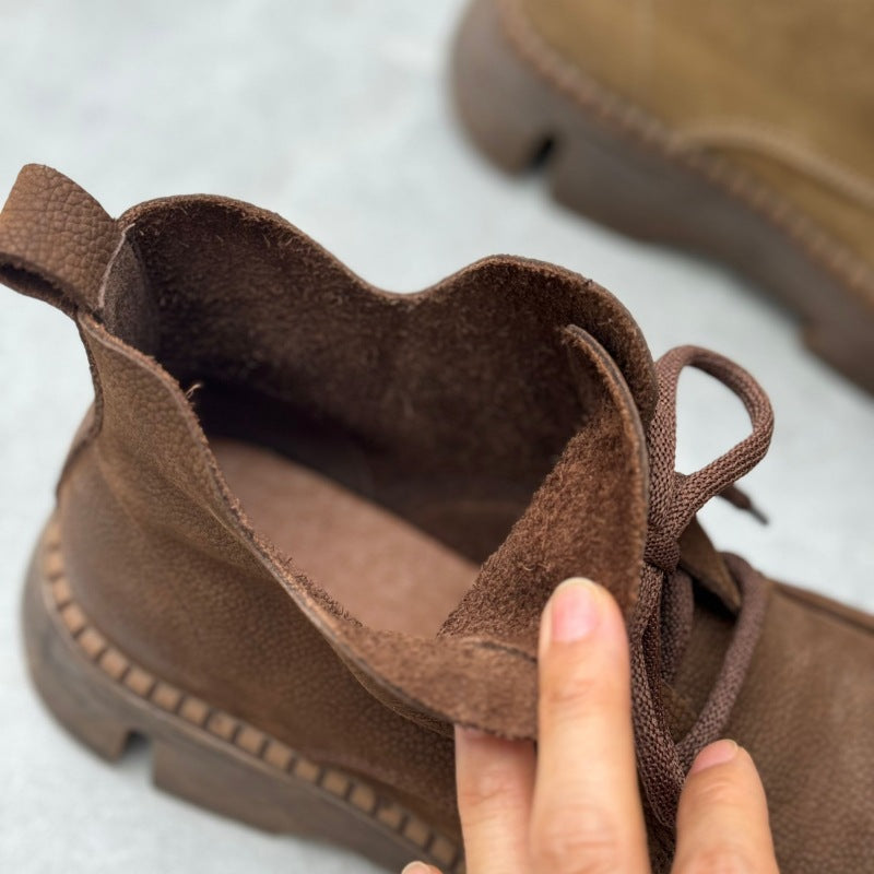 Women's Vintage Leather Lace-Up Boots – Soft Platform Short Ankle Shoes