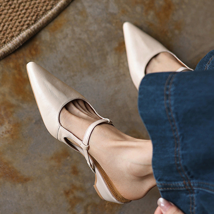 Women's Sheepskin T-Strap Mules - Pointed Toe Mid Block Heel Pumps-