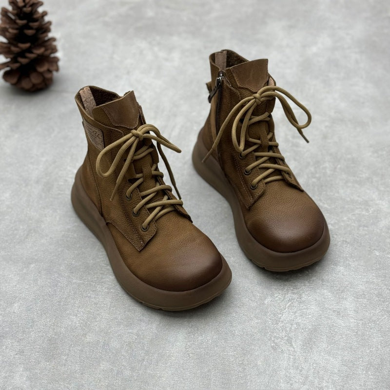 Women's Genuine Leather Vintage Casual Side Zipper Platform Ankle Boots