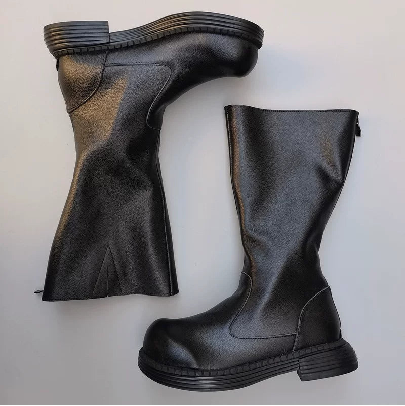 Women's Genuine Cowhide High Boots with Wide Toe Box Warm Lining Winter Style
