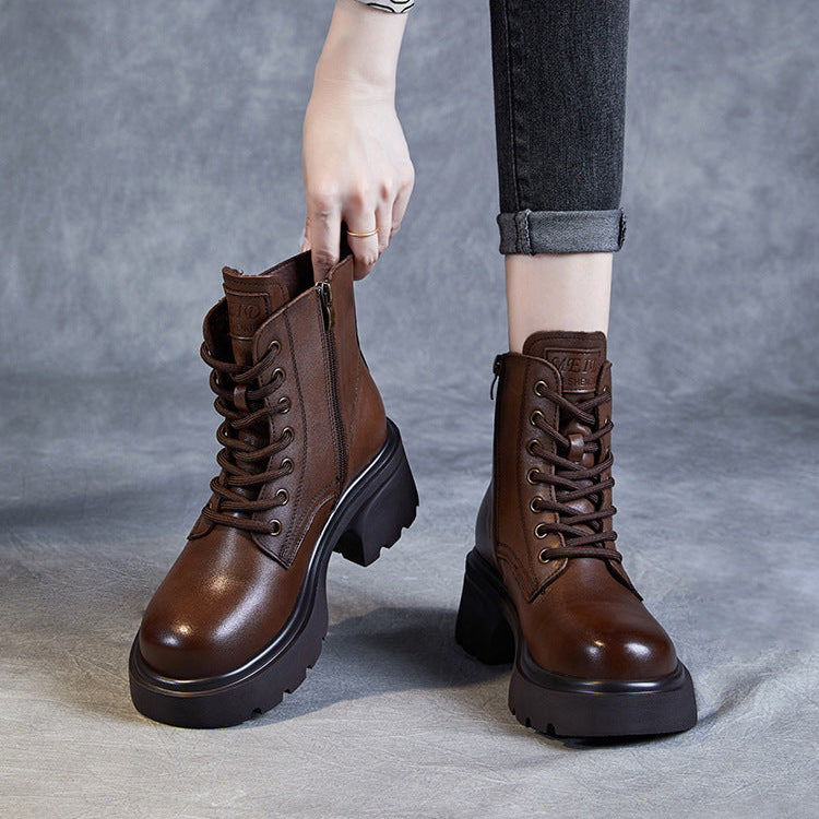 Women's Genuine Leather Lightweight Ankle Boots – Platform Chunky Heel