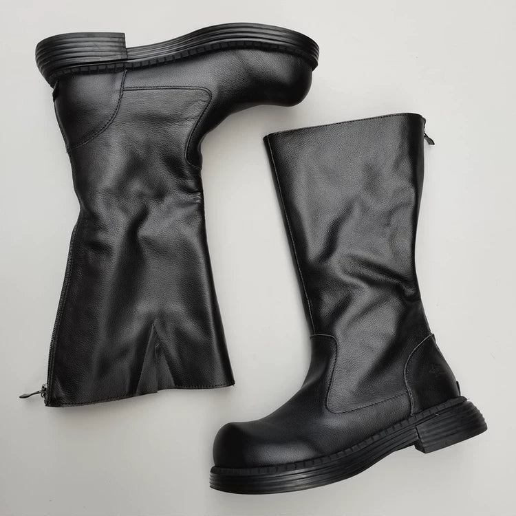 Wide-toe Box Handmade Genuine Leather Women's Mid Calf Boots Black Zipper