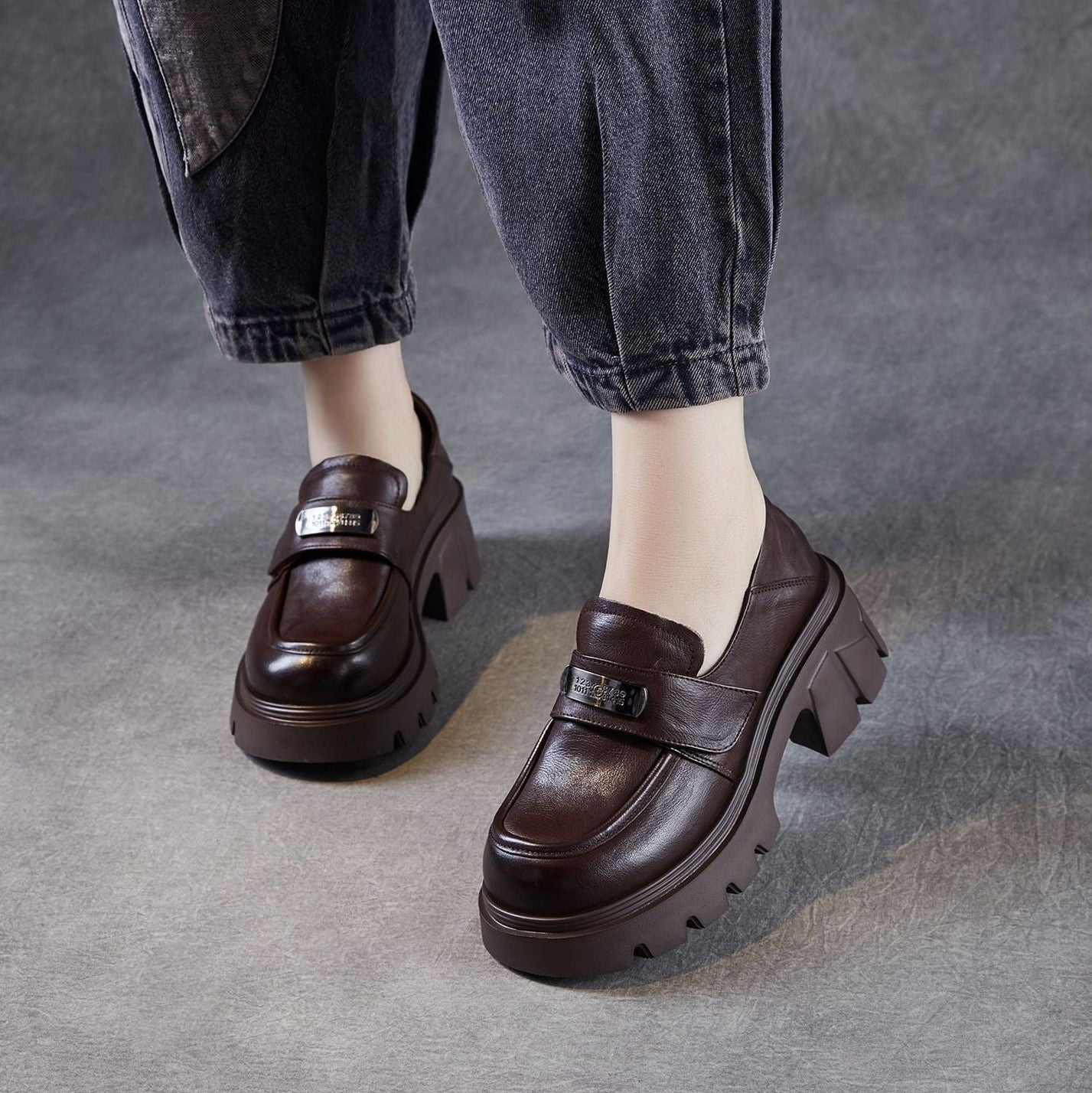 Women’s Leather Platform Block Heel Loafers – Vintage Metal Detail