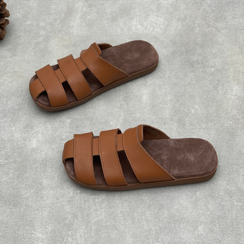 Artisanal Woven Leather Summer Slides - Minimalist Round Toe Cowhide Mules - Breathable Flat Footwear