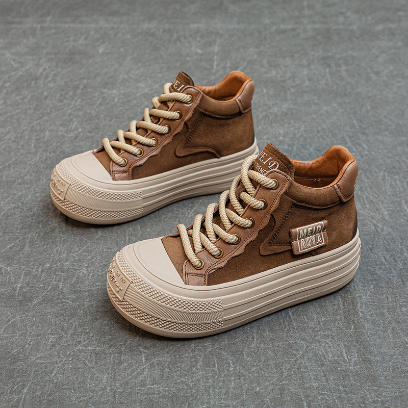Women’s Leather Patchwork Lace-Up High-Top Shoes – Platform Casual Sneakers
