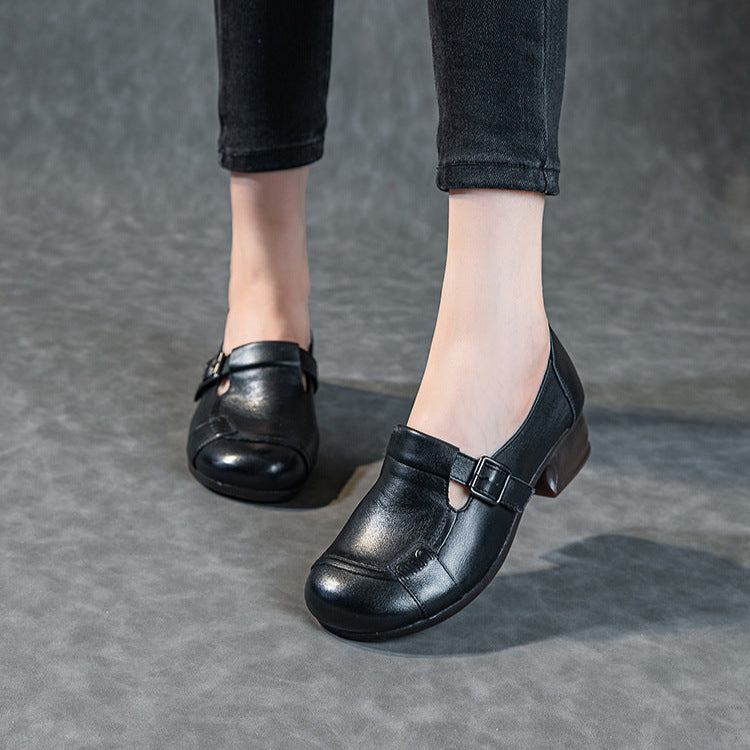 Women's Leather Casual Buckle Up Slip On Low Heeled Loafers