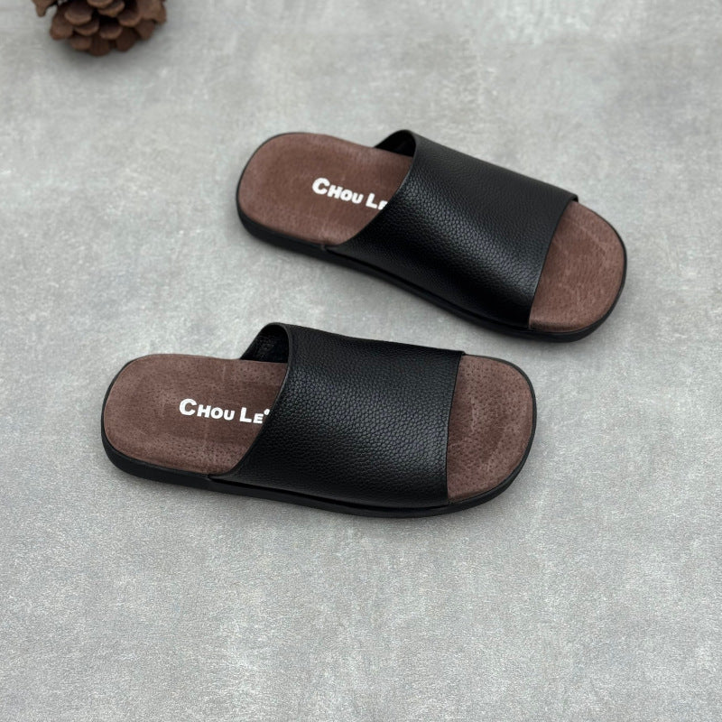 Women's Minimalist Pebbled Leather Mules - Luxury Raw-Cut Summer Slides