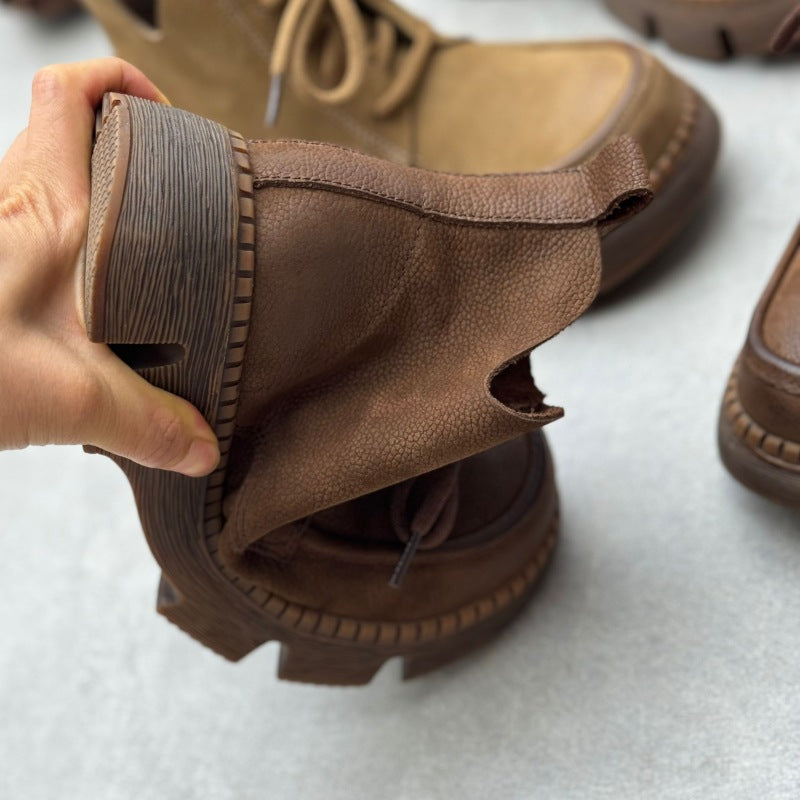 Women's Vintage Leather Lace-Up Boots – Soft Platform Short Ankle Shoes