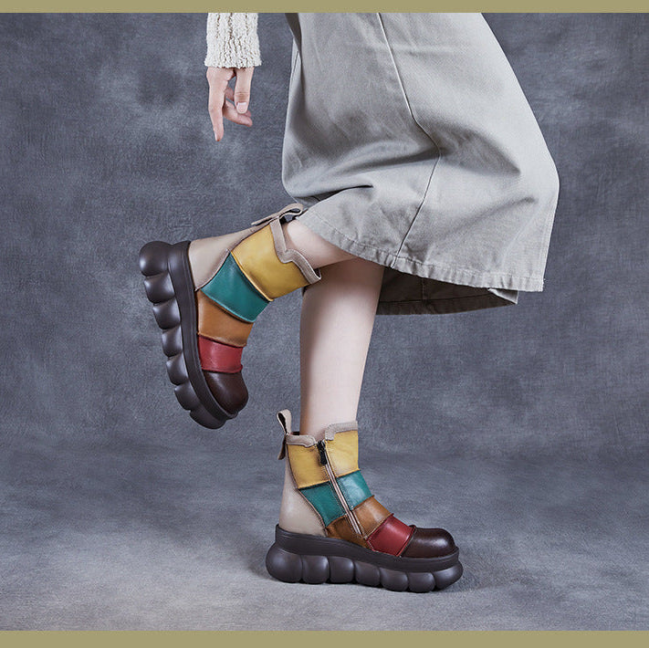 Women's Rainbow Avant-Garde Color-Block Platform Boots Leather Zipper Closure