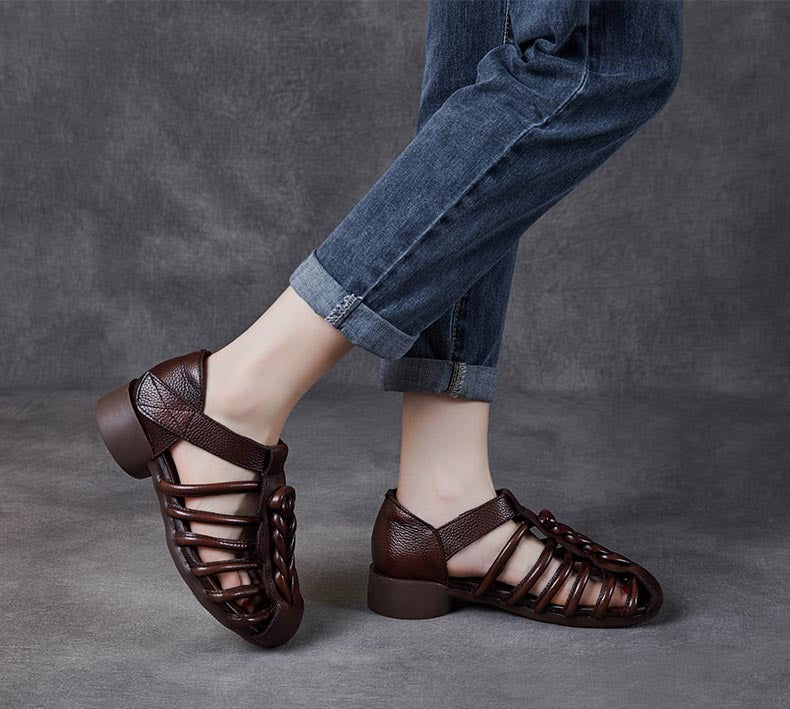 Breathable Leather Summer Sandals for Women - Round Toe Flat Walking Shoes with Velcro Strap