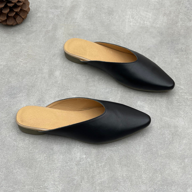 Women's Pointed Toe Leather V-Cut Mules - Unlined Minimalist Flat Slides
