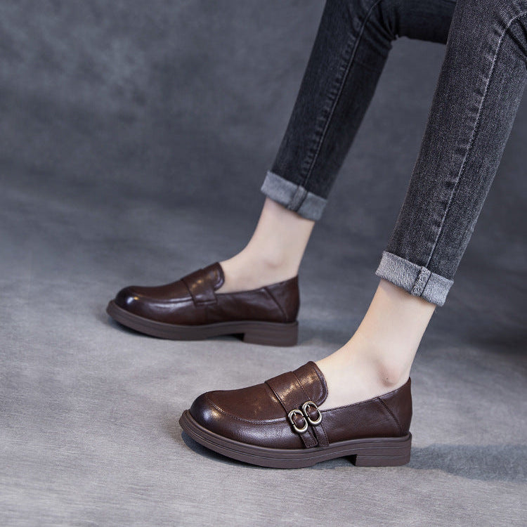 Women’s Leather Slip-On Loafers – Vintage British Low Heel
