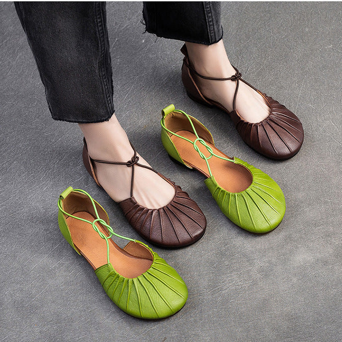 Women's Pleated Cowhide Flats - Wide-Toe Closed-Toe Sandals - Elastic Cross-Strap