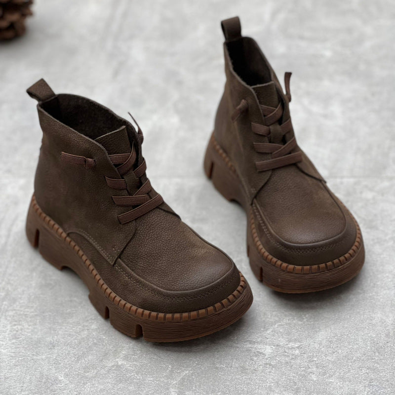 Retro Soft Leather Ankle Boots for Women – Comfortable Lace Up Design