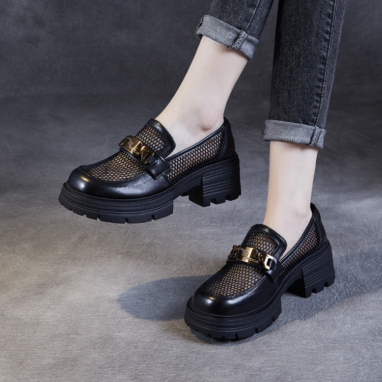 Women's Leather & Mesh Loafers Platform Lug Sole Breathable Hybrid Shoes