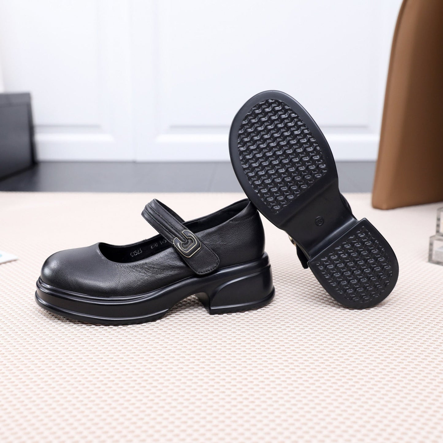 Women's Platform Leather Mary Jane Heels – Chunky Heel Velcro Strap Shoes