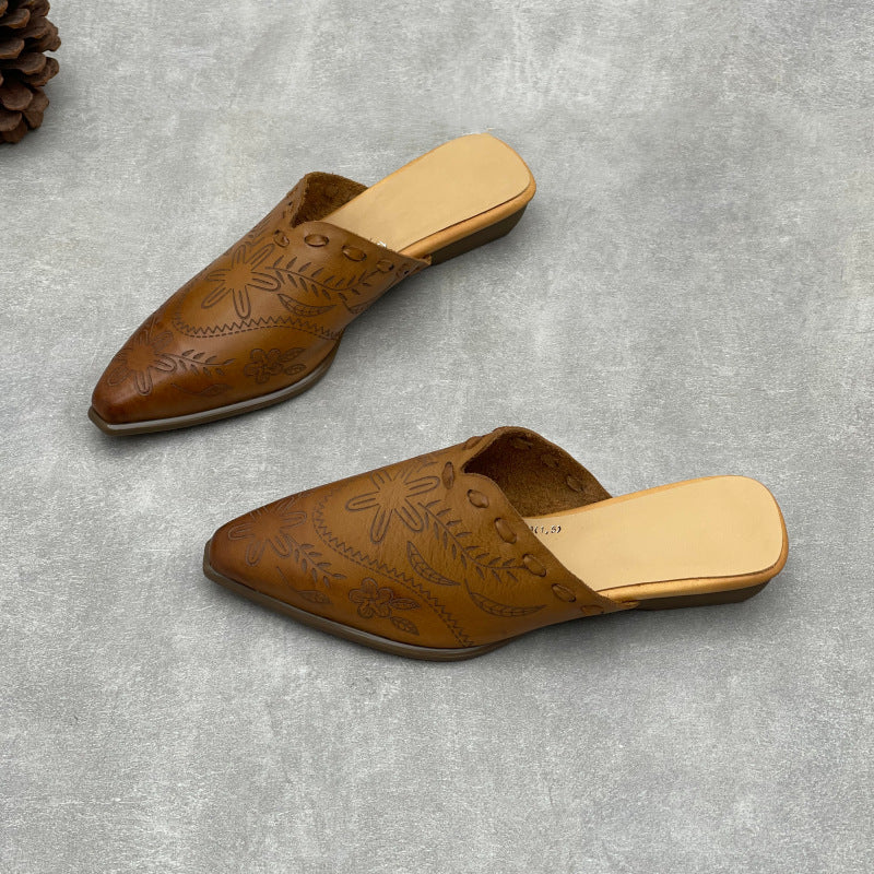 Women's Embossed Leather Mules – Vintage Bohemian Pointed-Toe Floral Slides