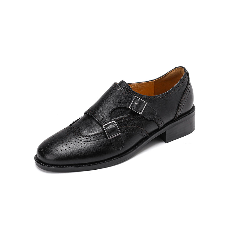 Women's Leather Double Monk Strap Brogue Loafers Vintage Wingtip Commuter Flats