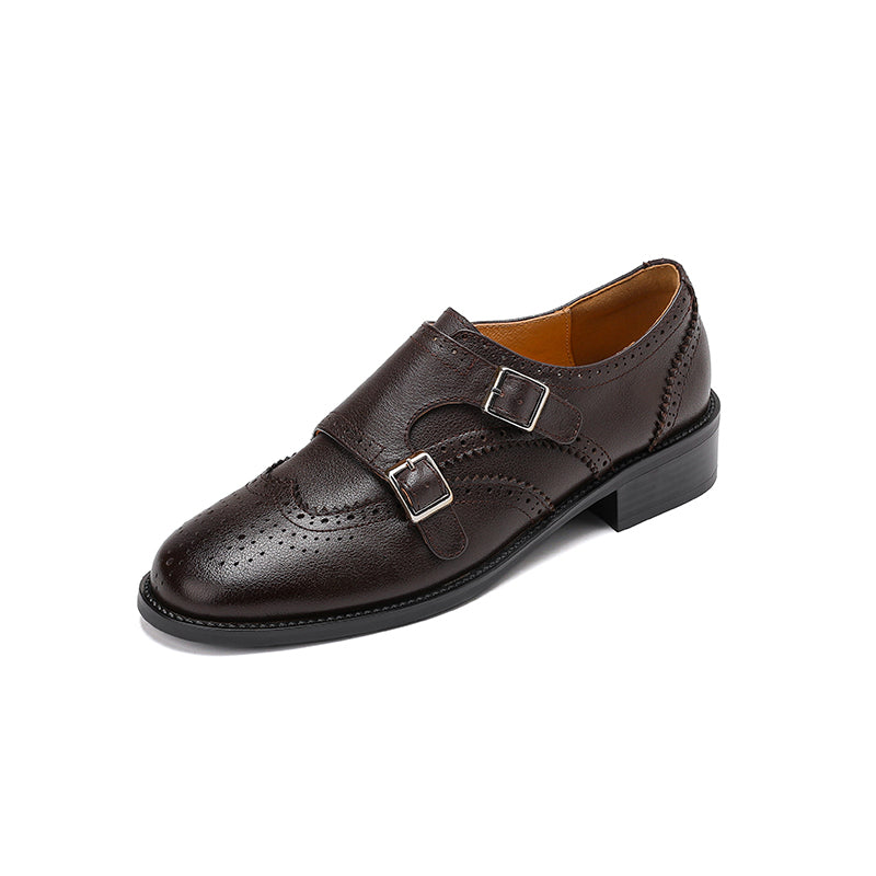 Women's Leather Double Monk Strap Brogue Loafers Vintage Wingtip Commuter Flats