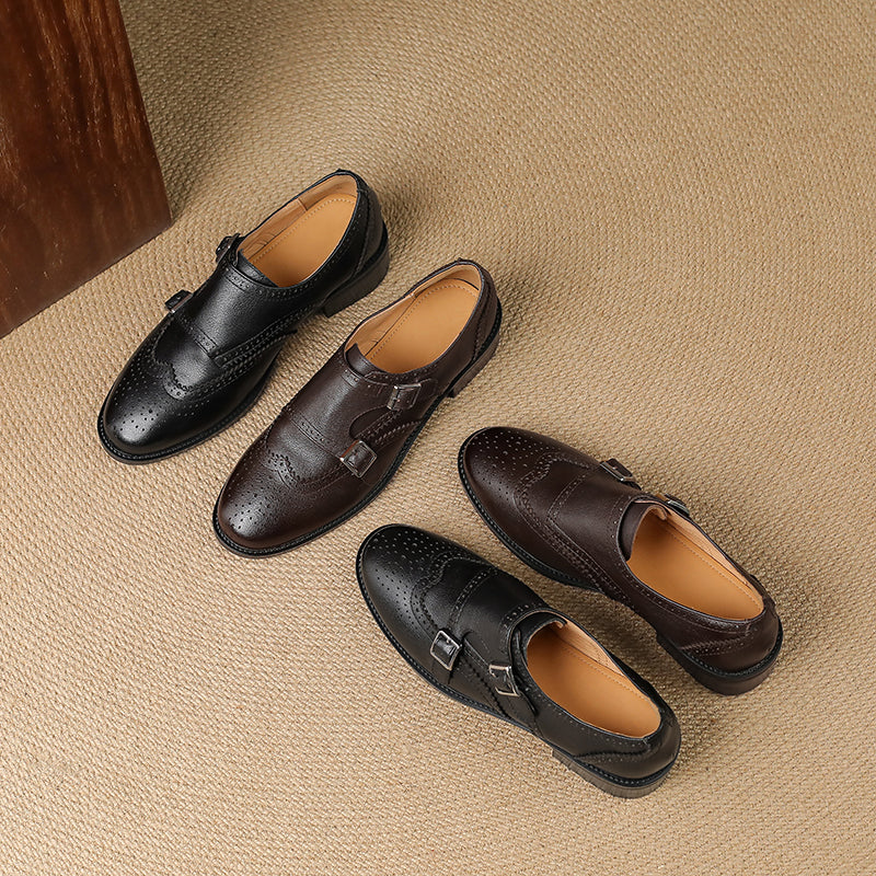 Women's Leather Double Monk Strap Brogue Loafers Vintage Wingtip Commuter Flats