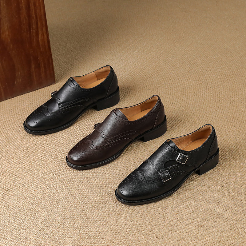 Women's Leather Double Monk Strap Brogue Loafers Vintage Wingtip Commuter Flats