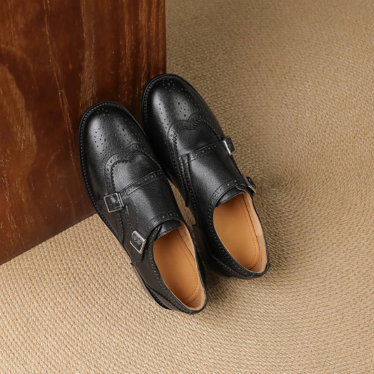 Women's Leather Double Monk Strap Brogue Loafers Vintage Wingtip Commuter Flats