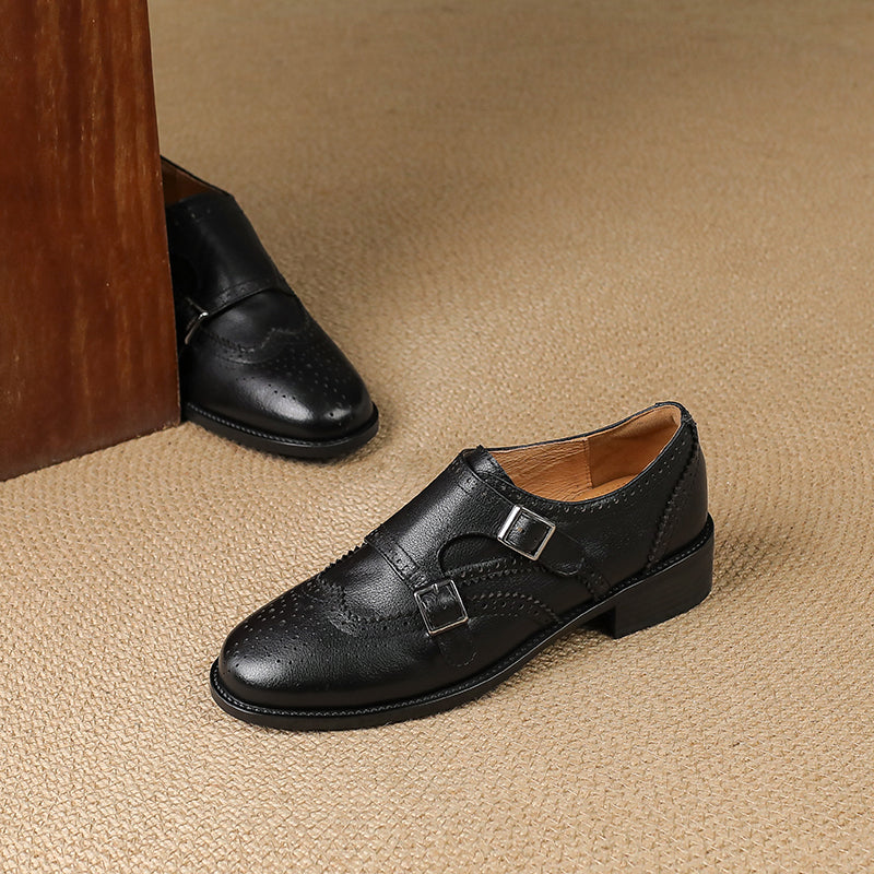 Women's Leather Double Monk Strap Brogue Loafers Vintage Wingtip Commuter Flats